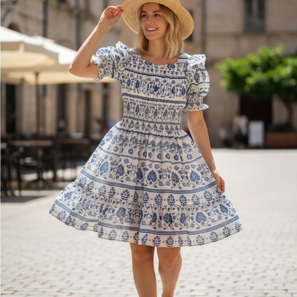 JessaKae Blue and White Floral Midi Dress